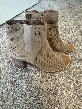 Toms Taupe Perforated Suede Peep-Toe Block Heel Booties